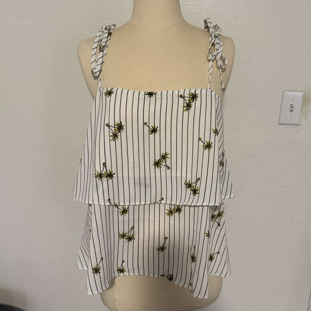 English Factory White and Grey/Blue Palm Print Tank Top
